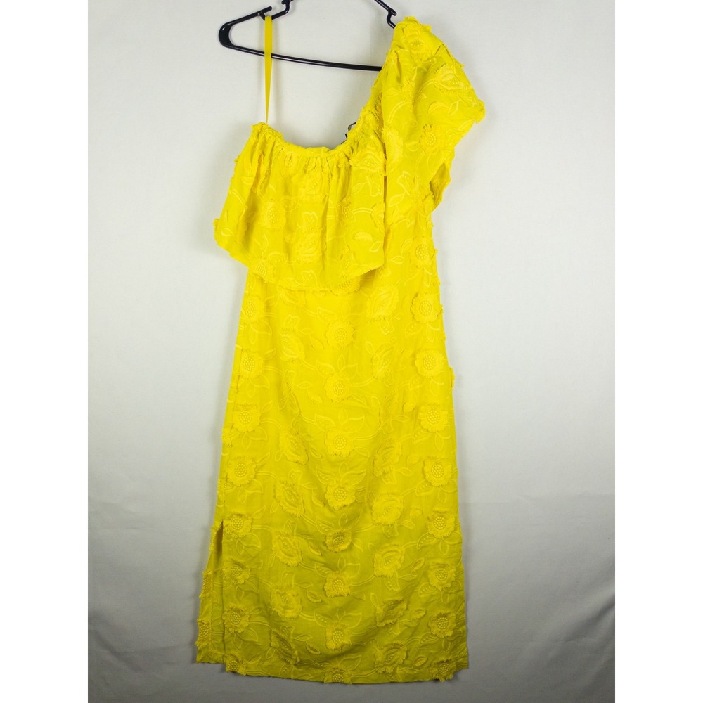 Abbey Glass One Shoulder Ruffle Floral Embroidered Midi Dress Womens S Yellow Re